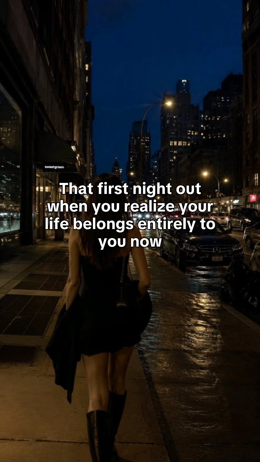 A city street at night. Cover: That first night out when you realize your life belongs entirely to you now.