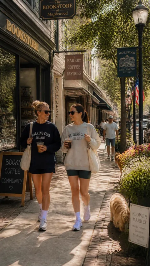 Two friends walking past a bookstore and bakery.